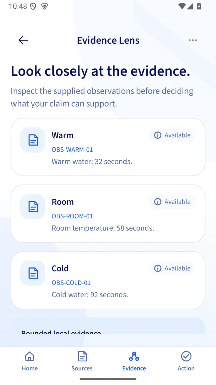 Evidence Lens listing warm, room-temperature, and cold-water observations