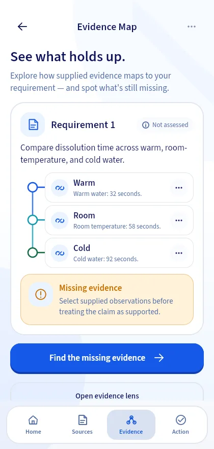 Evidrilo screen from a synthetic guided case, connecting a requirement with supplied observations